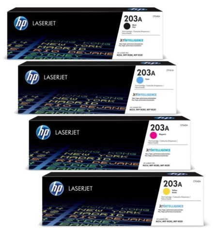 HP 203A LaserJet Toner Cartridges: Black, Cyan, Magenta, Yellow Combo Pack